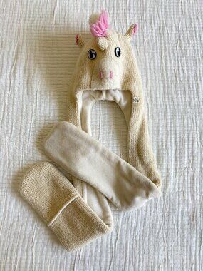 Nirvana Designs Unicorn Hat Scarf Mitten Hand Knit Wool Fleece Lined Nepal Kids